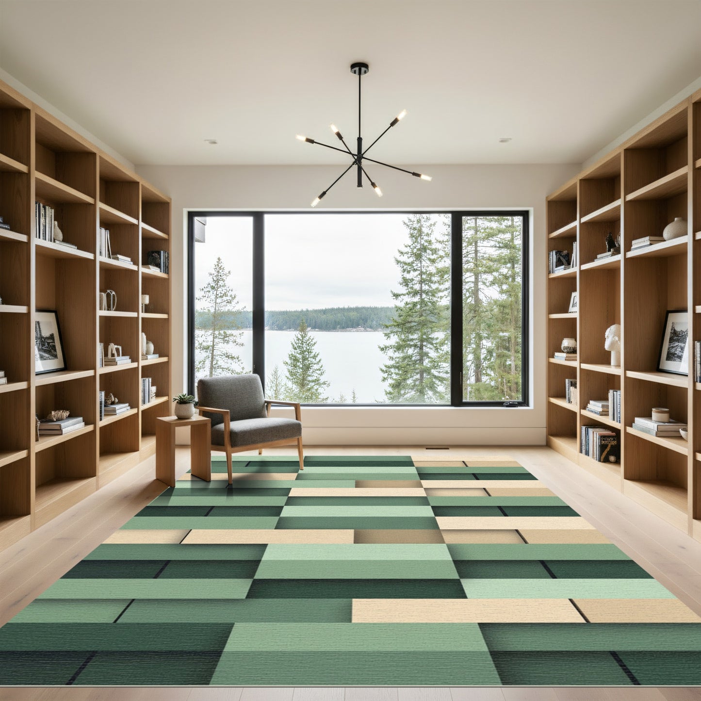 Modern Green and Beige Block Grid Rug