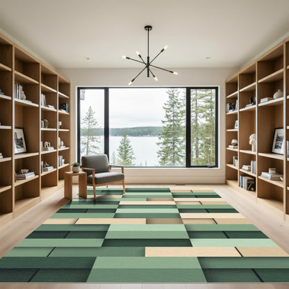 Modern Green and Beige Block Grid Rug