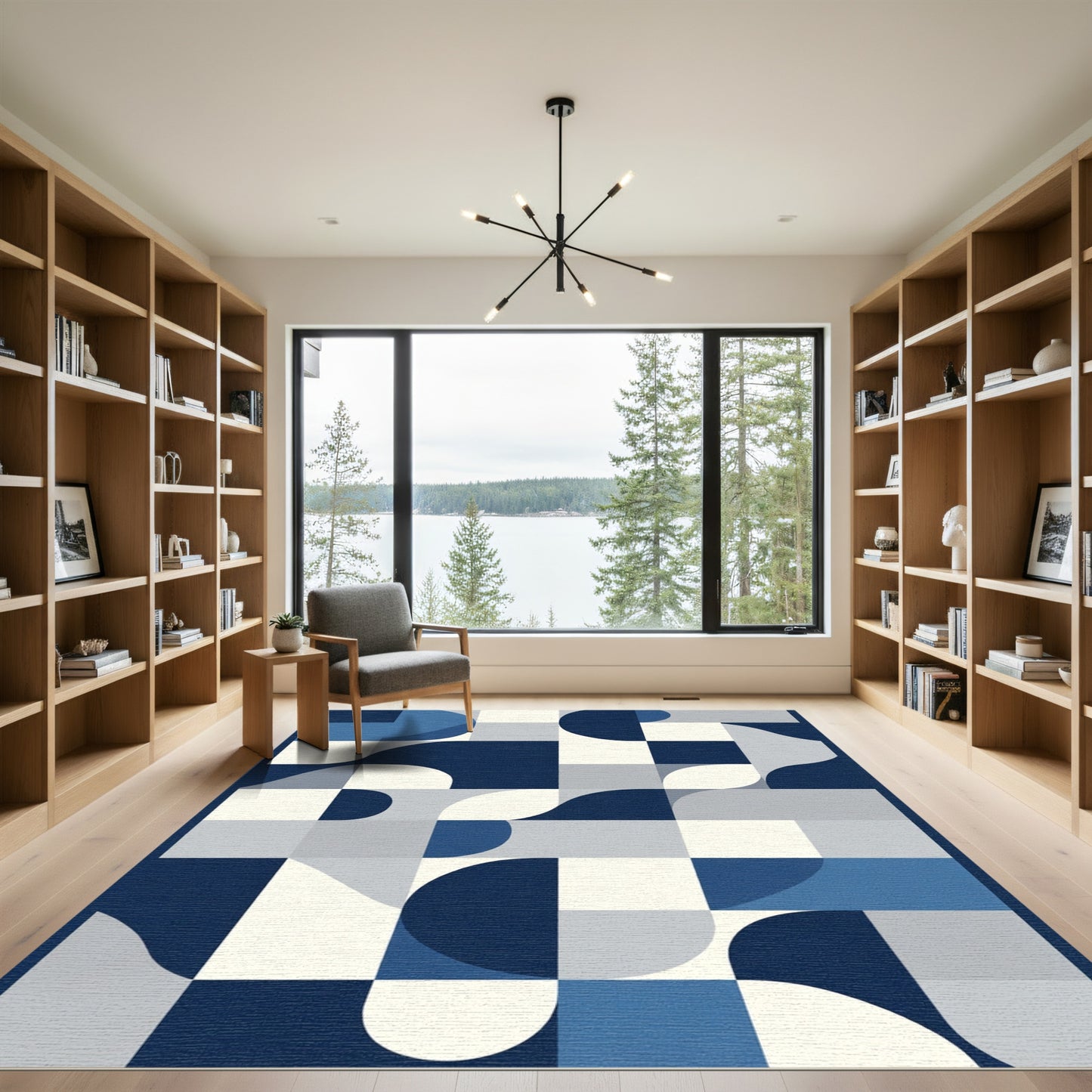 Mid Century Blue Geometric Waves Rug