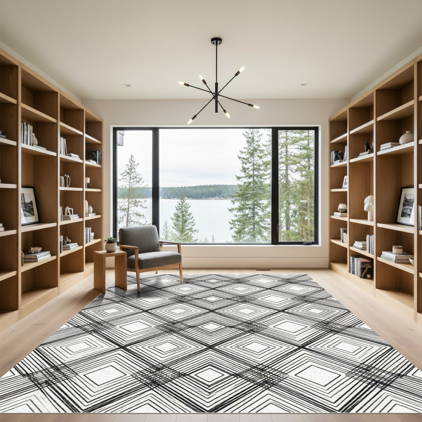 Bold Black Diamond Line Art Rug