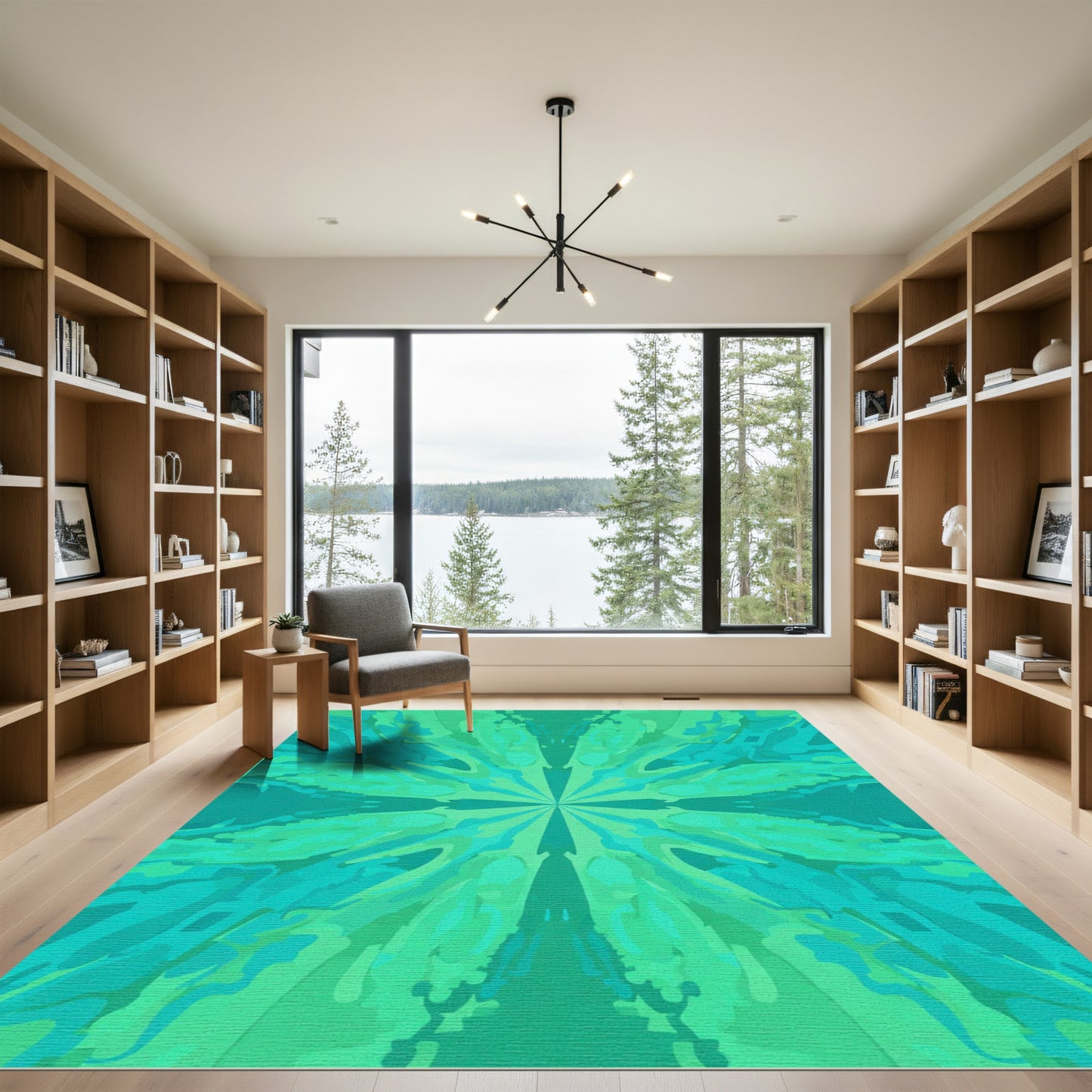Teal Green Abstract Starburst Symmetry Rug