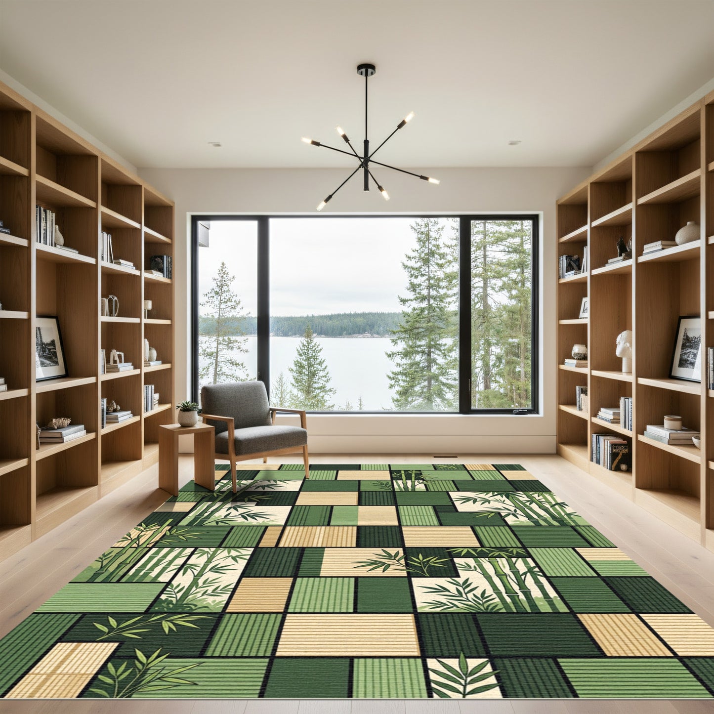 Zen Bamboo Grid Forest Leaf Rug