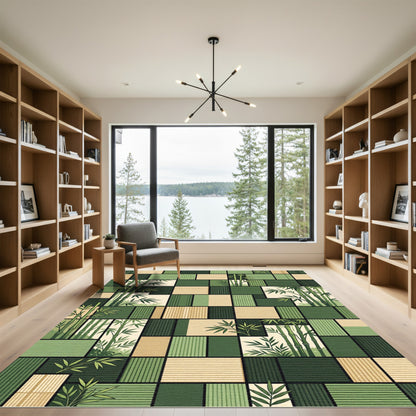 Zen Bamboo Grid Forest Leaf Rug