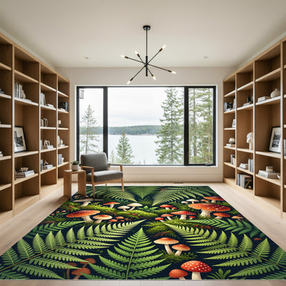Lush Fern And Mushroom Woodland Forest Rug
