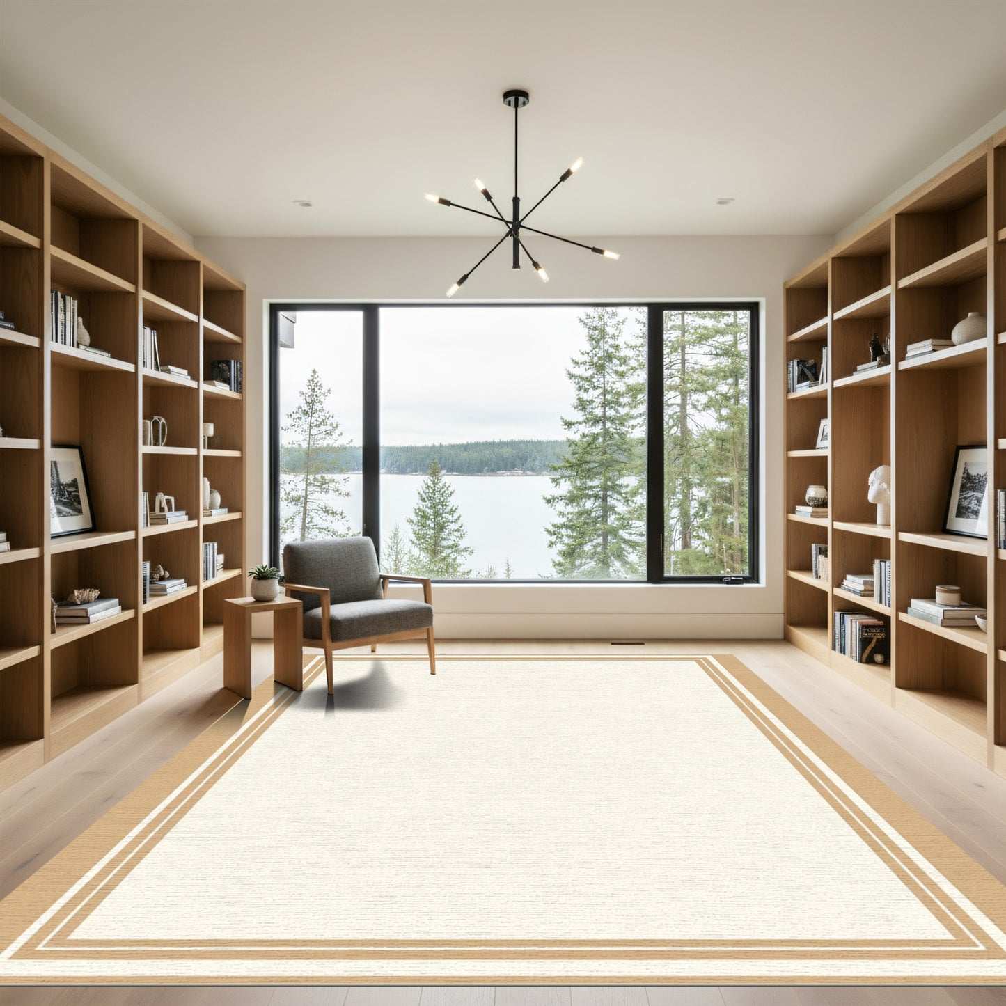 Simple Tan Cream Double Border Rectangular Rug