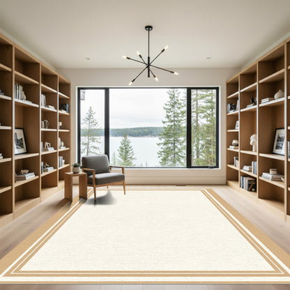 Simple Tan Cream Double Border Rectangular Rug