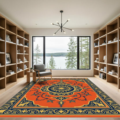 Vibrant Orange Blue Medallion Rug