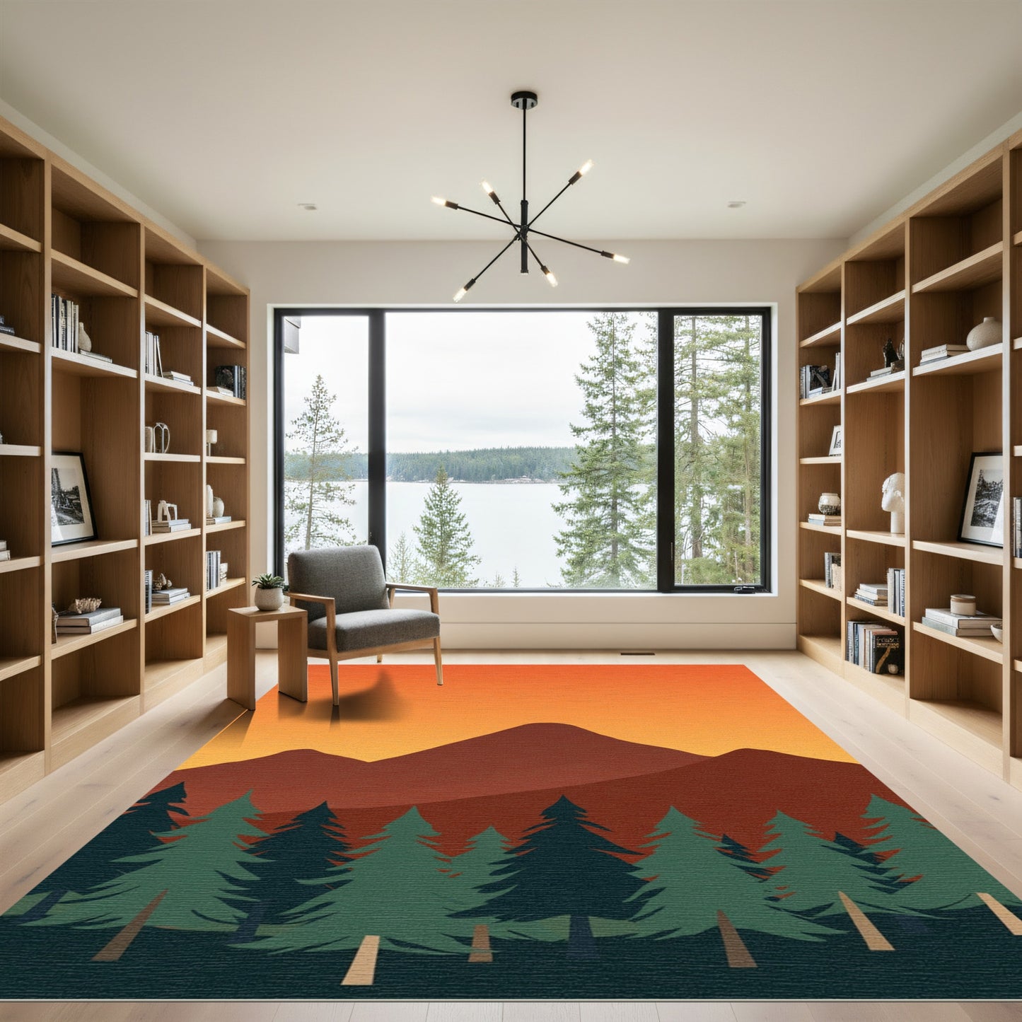 Amber Sunset Mountain Forest Landscape Rug