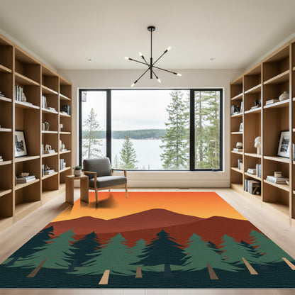 Amber Sunset Mountain Forest Landscape Rug