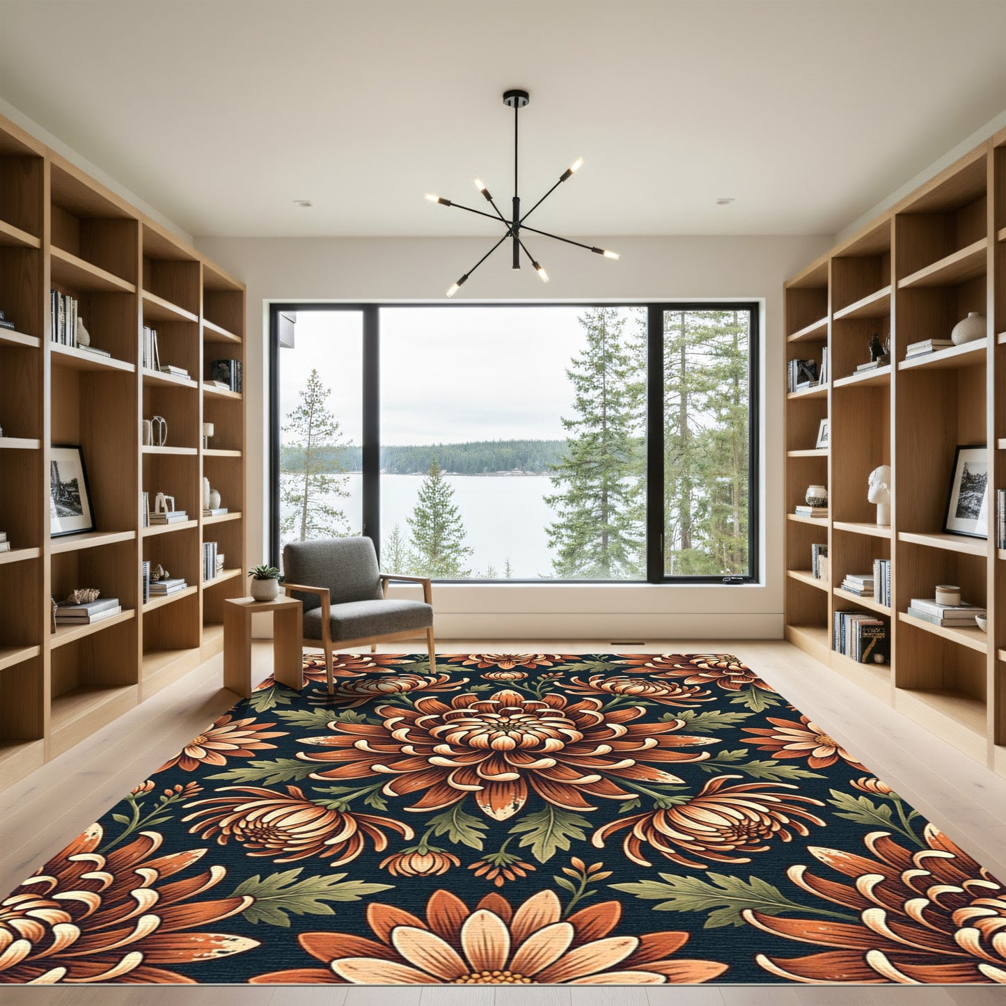 Moody Burnt Orange Chrysanthemum Botanical Rug