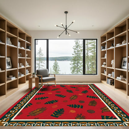 Crimson Tropical Leaf And Stripe Border Rug