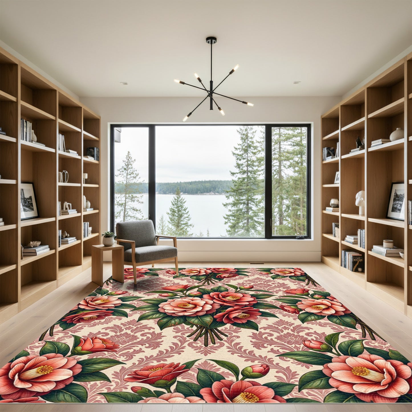 Blush Pink Camellia Damask Floral Bouquet Rug
