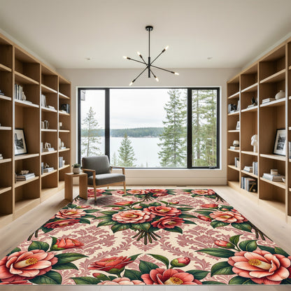 Blush Pink Camellia Damask Floral Bouquet Rug