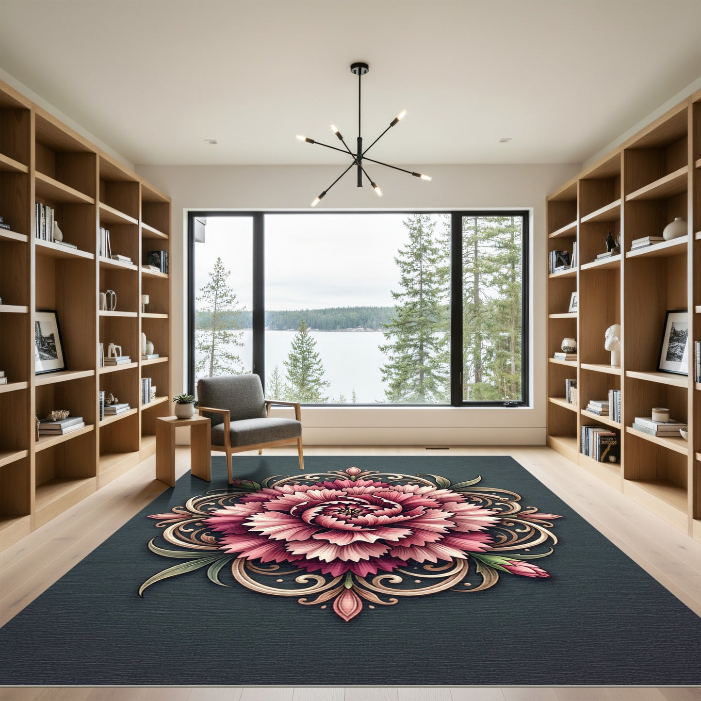 Pink Peony Medallion With Golden Swirls Rug