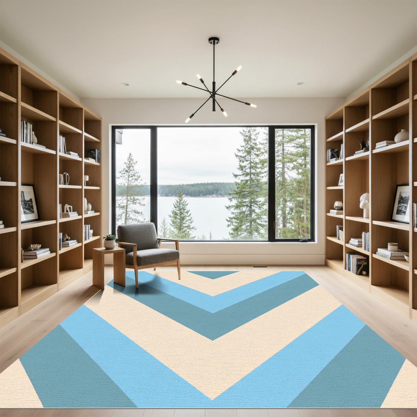 Retro Blue Cream Chevron Stripes Rug