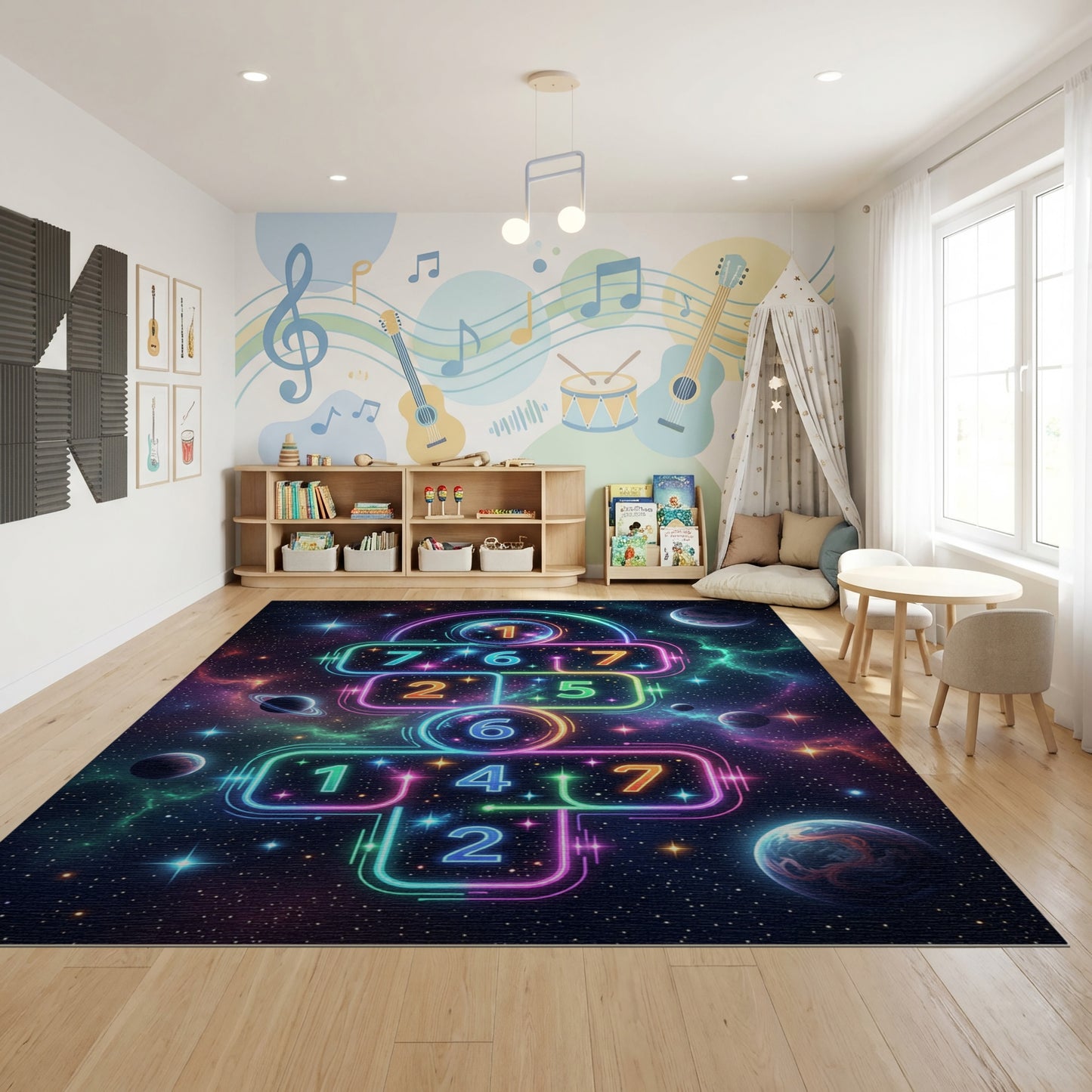Neon Cosmic Hopscotch Galaxy Rug