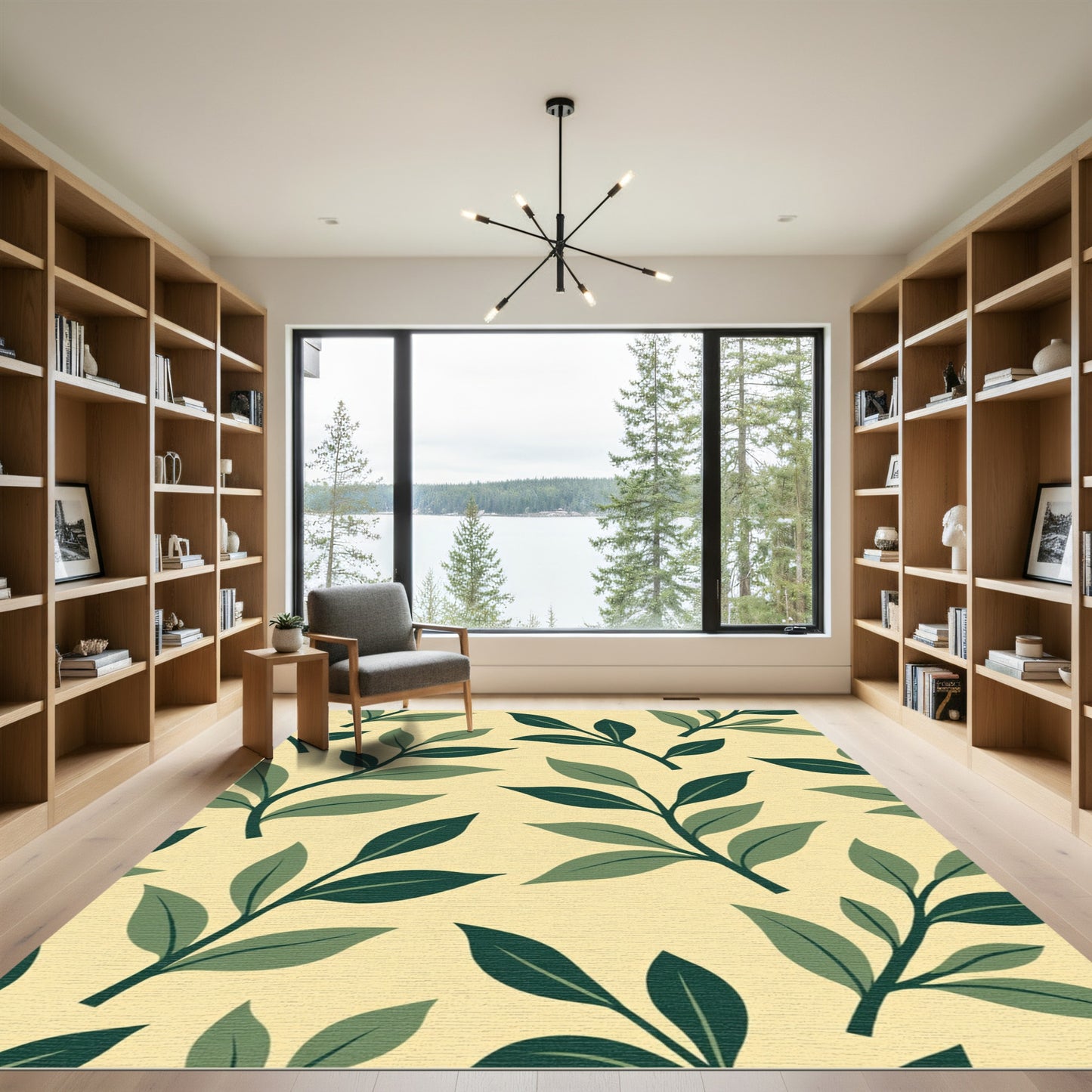 Creamy Yellow Green Leaf Branches Rug