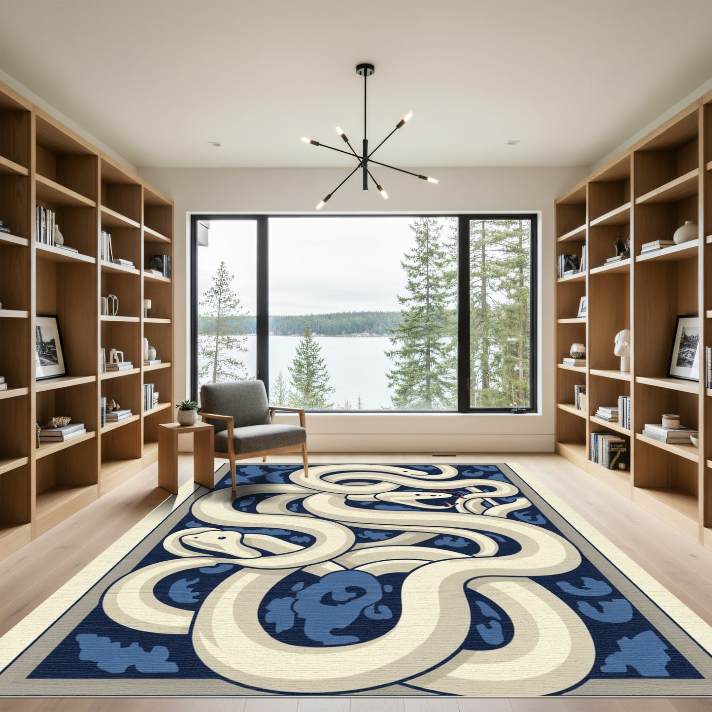 Intertwined Cream Snakes Blue Cloud Rug