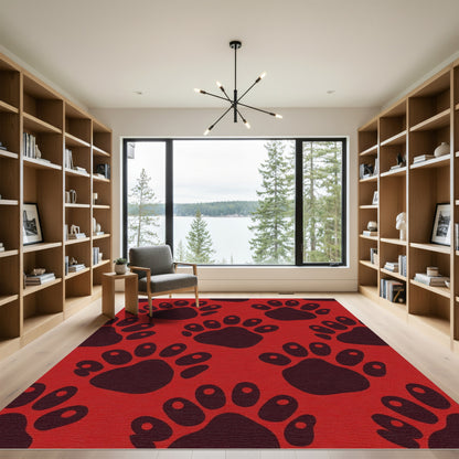 Bold Crimson Paw Prints Repeating Rug