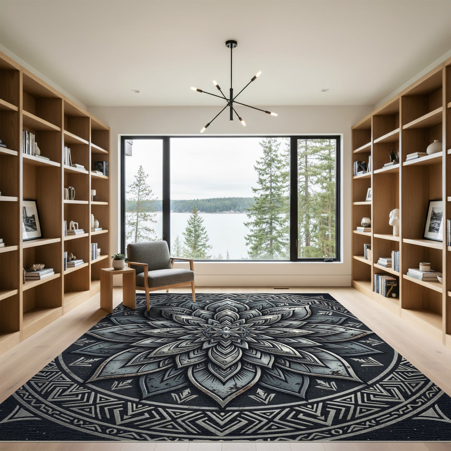 Metallic Gray Floral Mandala Medallion Rug