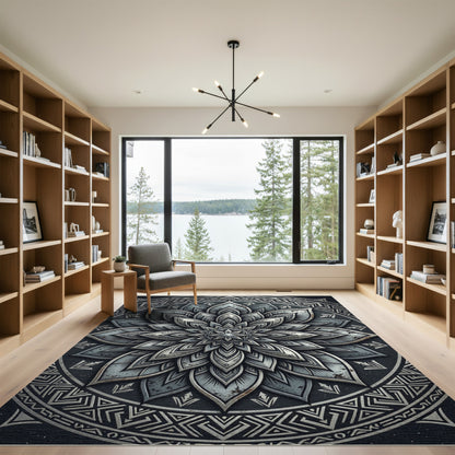 Metallic Gray Floral Mandala Medallion Rug