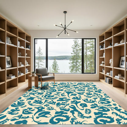Teal Organic Floral Foliage Collage Rug