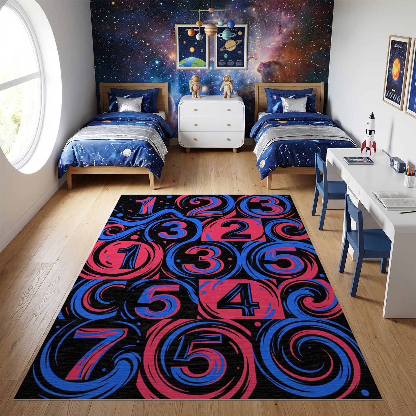 Bold Pink Blue Swirling Numbers Rug