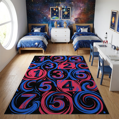 Bold Pink Blue Swirling Numbers Rug