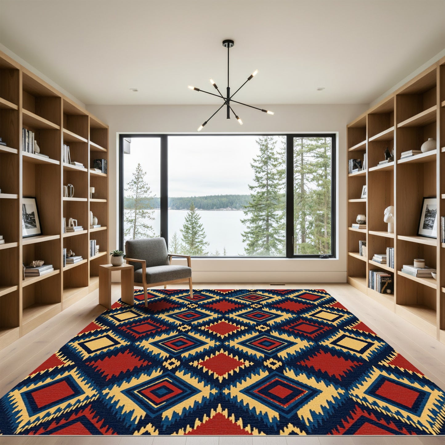 Bold Red Indigo Geometric Diamond Rug