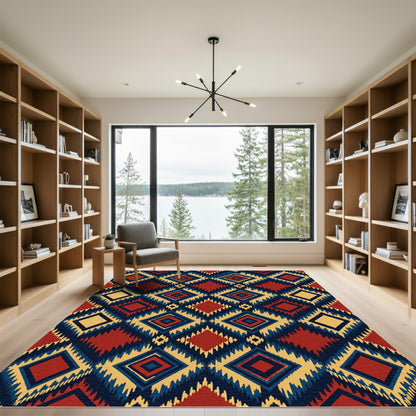 Bold Red Indigo Geometric Diamond Rug