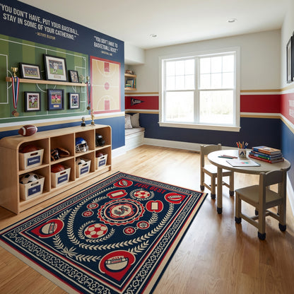 Vintage Navy Red Soccer Emblem Rug