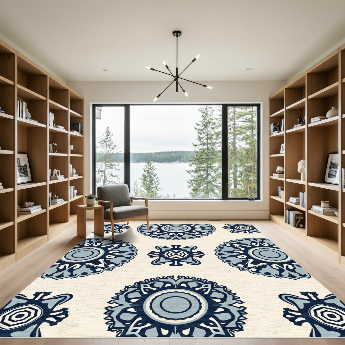 Navy Blue Floral Medallion Arrangement Rug