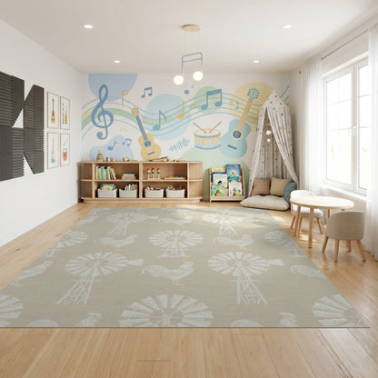 Farmhouse Windmill Rooster Pattern Rug