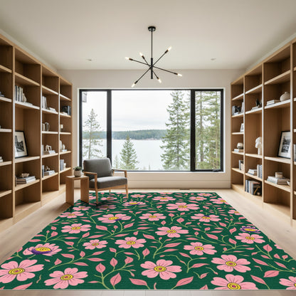 Pink Blossom Garden on Dark Green Rug