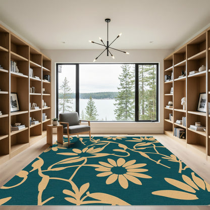 Golden Flower Vine Teal Rug