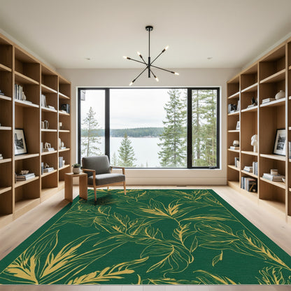Emerald Green Gold Foliage Outline Rug
