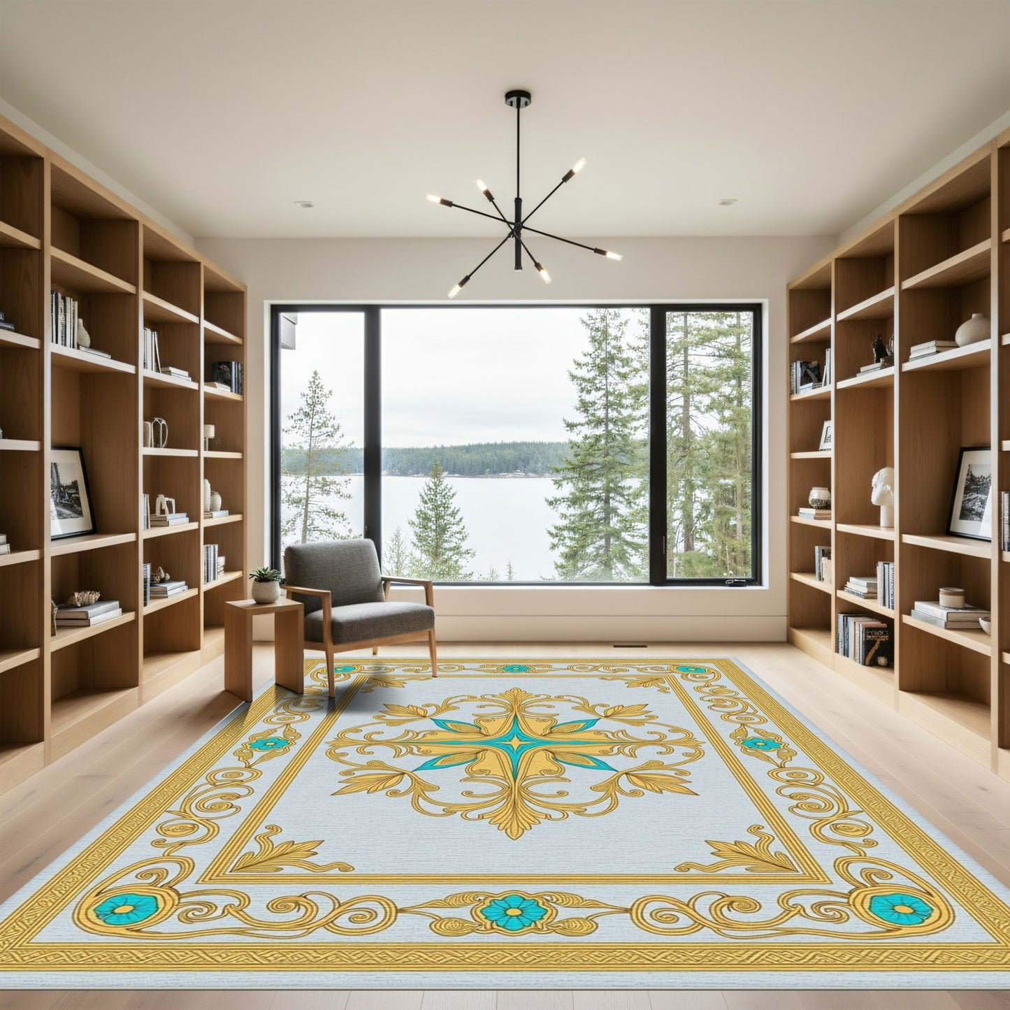 Golden Teal Floral Scrollwork Medallion Rug