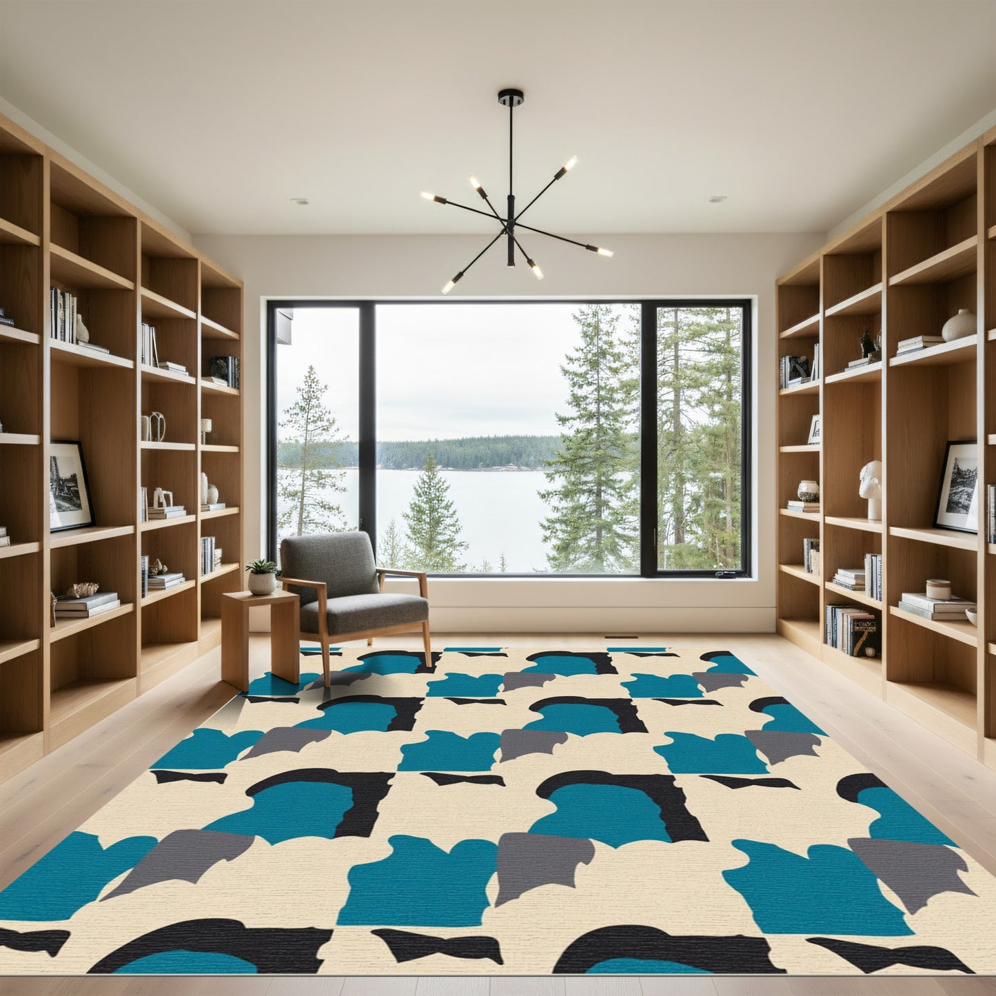 Abstract Teal Black Cream Geometric Overlay Rug