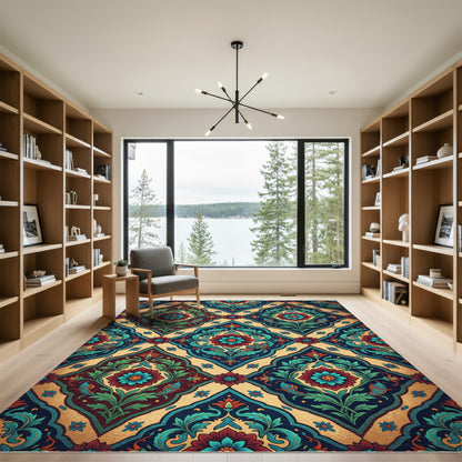 Rich Crimson Teal Floral Fish Rug
