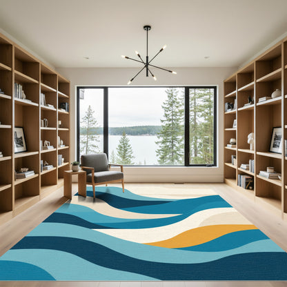 Modern Blue Abstract Wavy Landscape Rug
