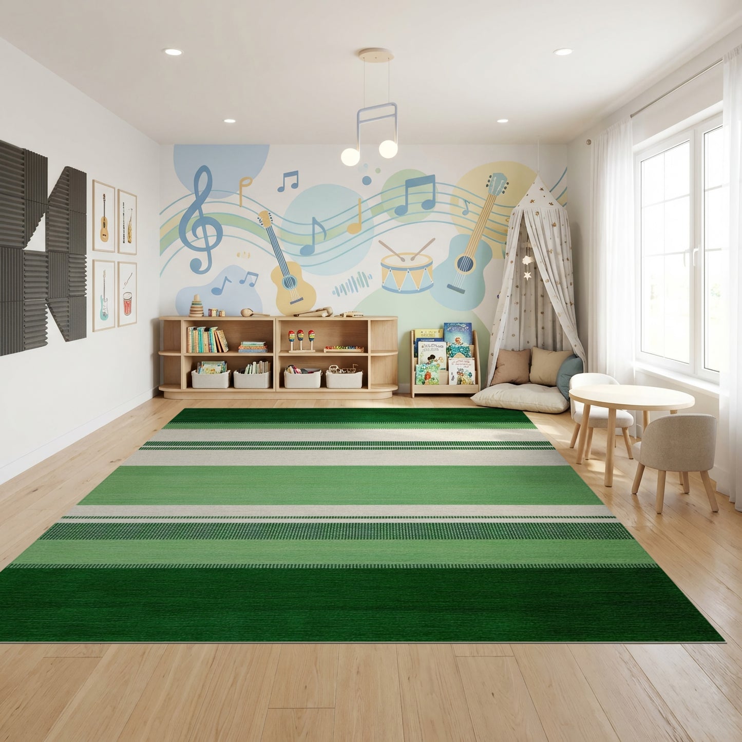 Vibrant Green and Cream Striped Rug