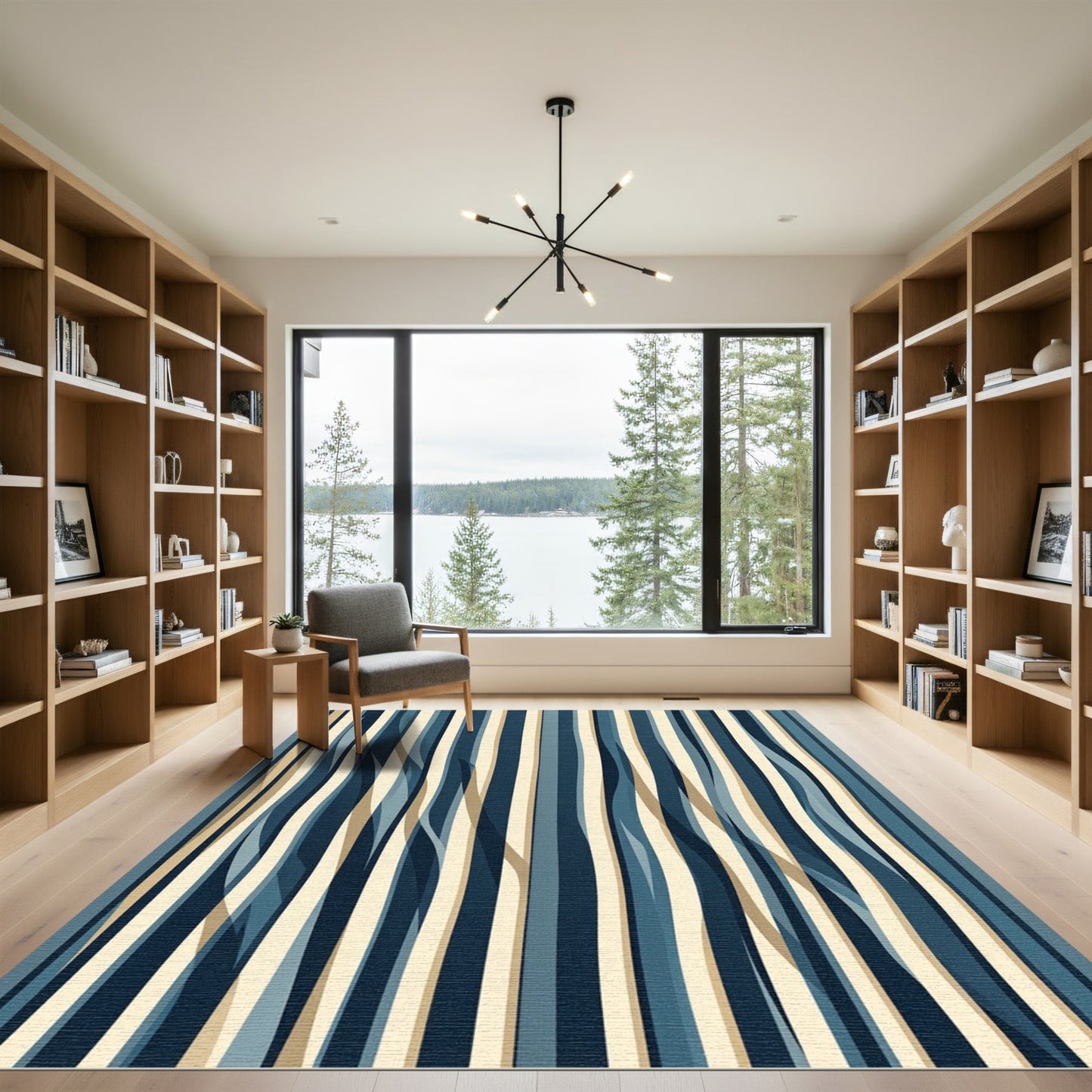 Modern Blue Wave Vertical Stripe Rug