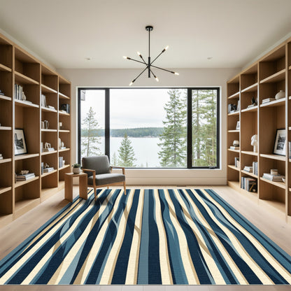 Modern Blue Wave Vertical Stripe Rug