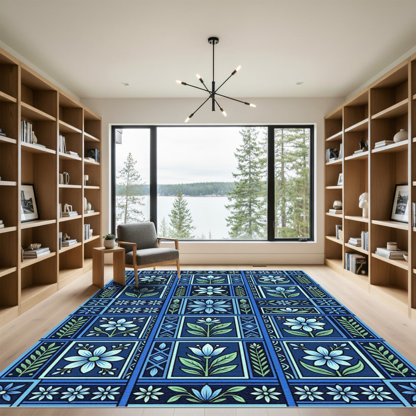 Bold Blue Floral Garden Panels Rug