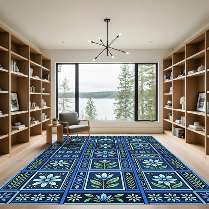 Bold Blue Floral Garden Panels Rug