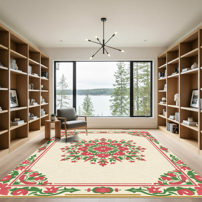 Crimson Floral Bordered Medallion Rug