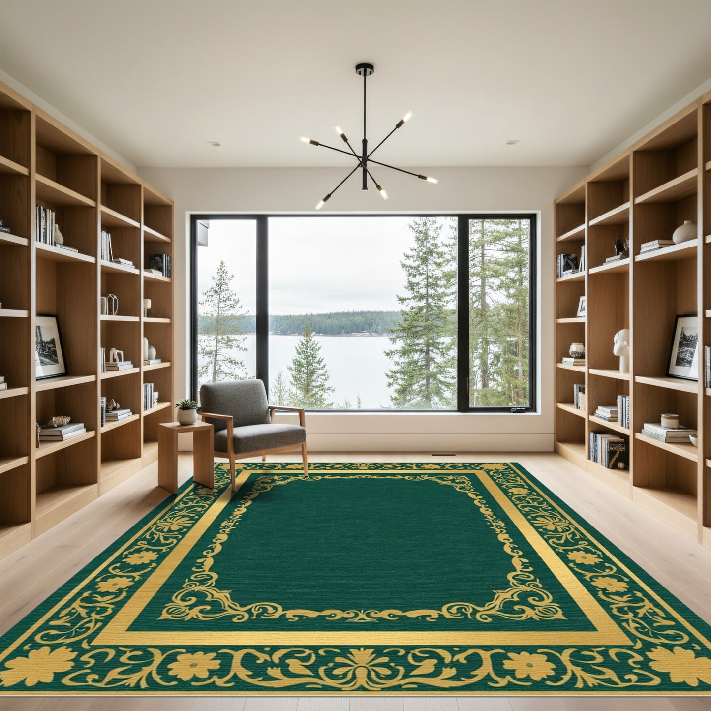Elegant Emerald Gold Floral Frame Rug