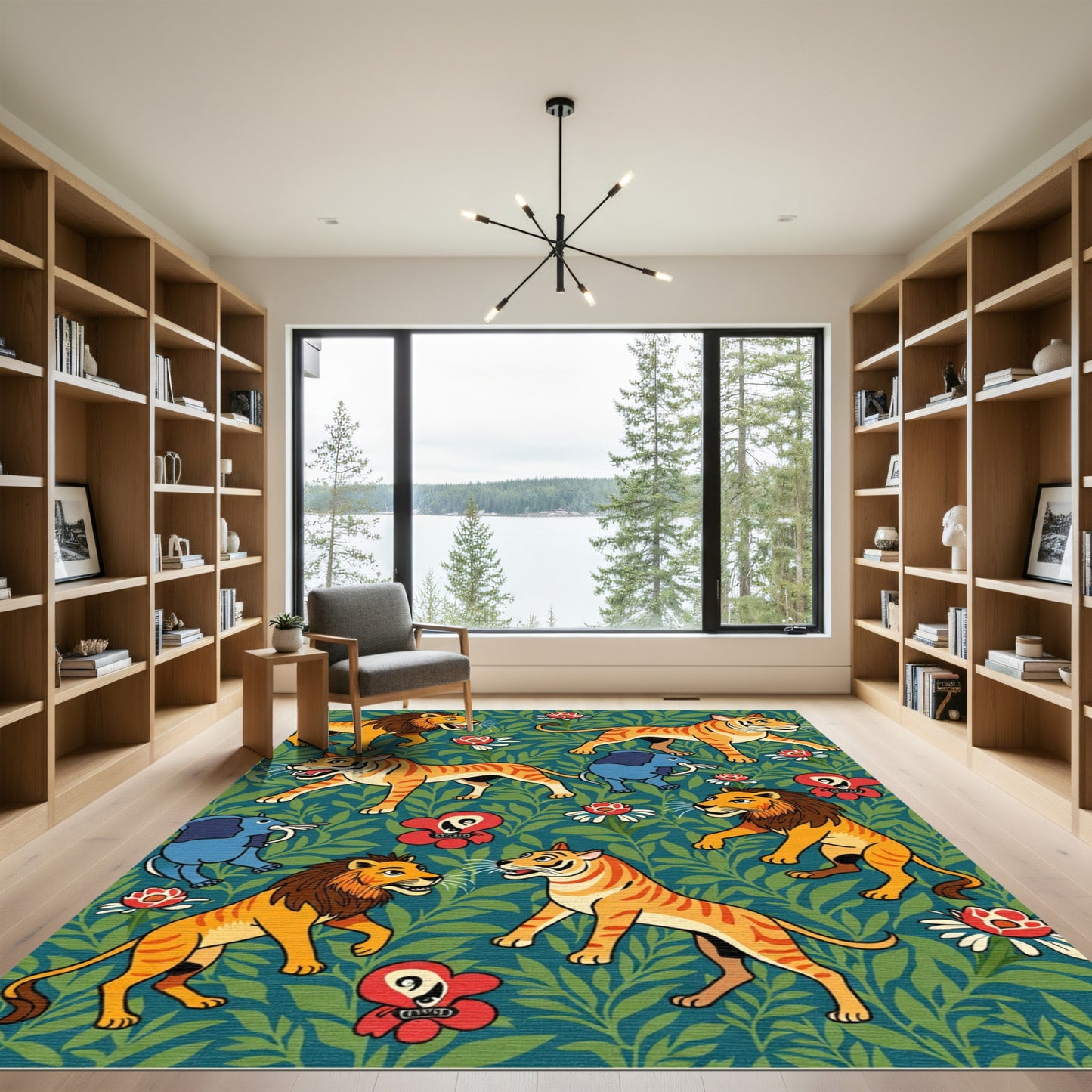 Whimsical Jungle Animals Floral Arrangement Rug