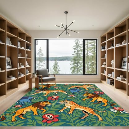 Whimsical Jungle Animals Floral Arrangement Rug