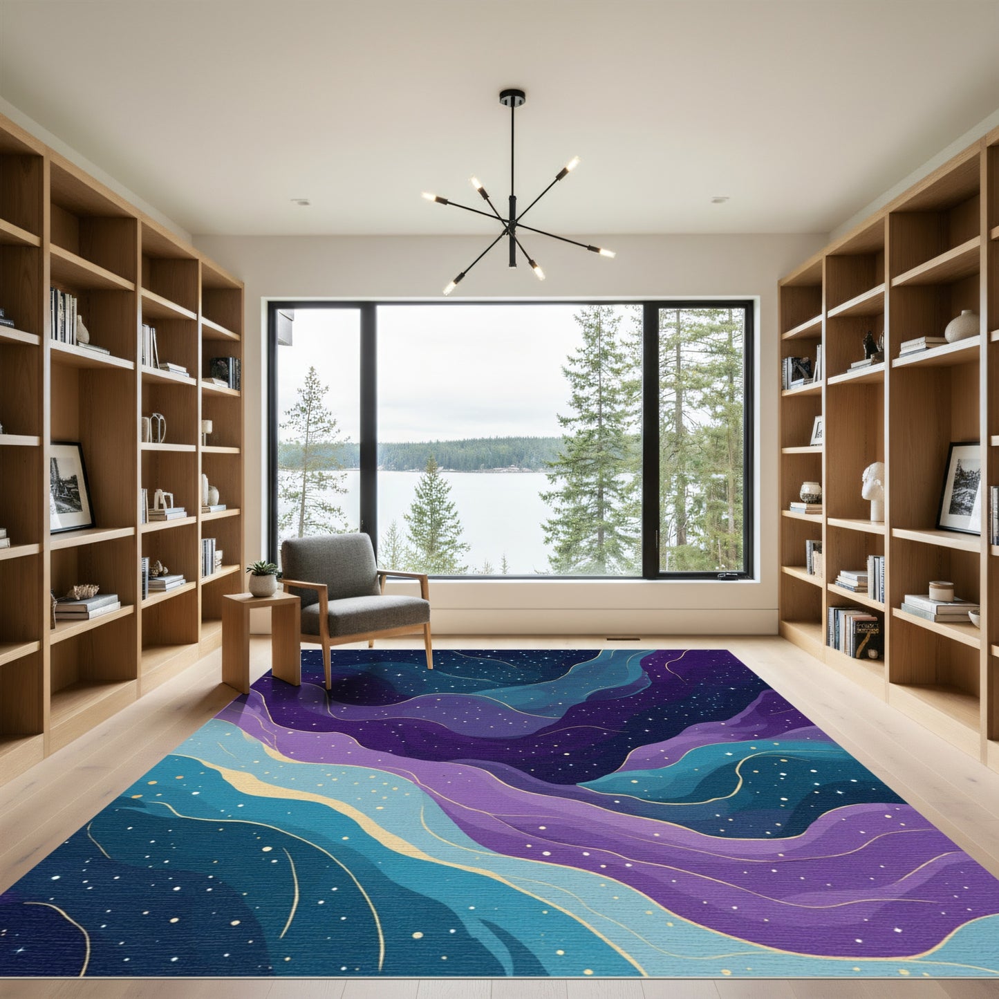 Cosmic Nebula Swirl with Golden Stars Rug
